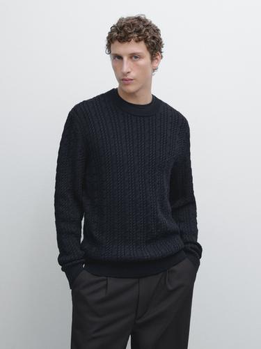 Zara Cable-knit 100% cotton sweater with crew neck - Navy blue