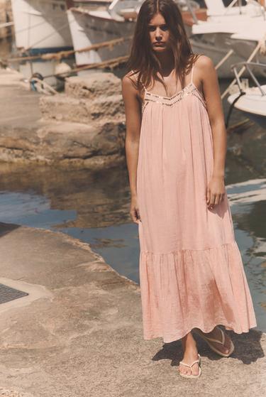 STUDDED CHIFFON MIDI DRESS - Neon orange by Zara