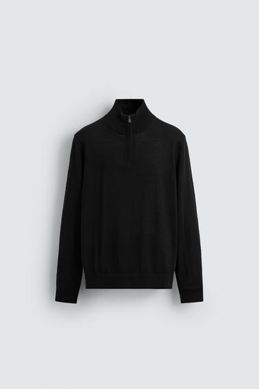 100% WOOL QUARTER-ZIP SWEATER - Black by Zara