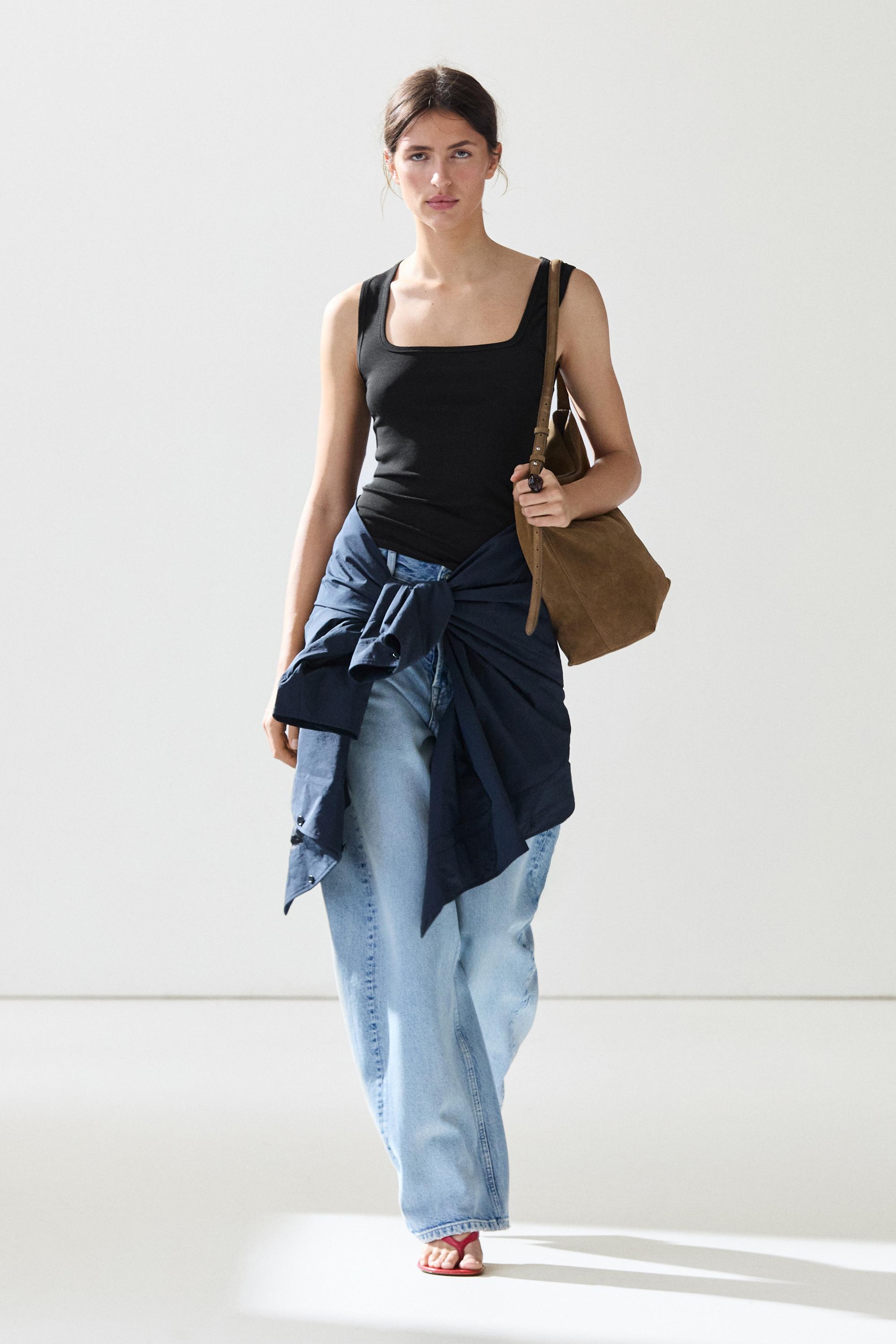 Cotton blend square neck top — Black