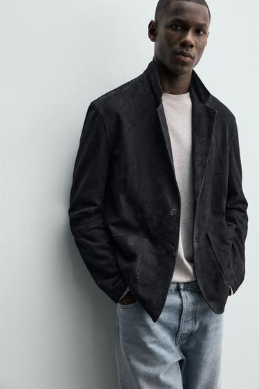 REGULAR FIT SUEDE LEATHER BLAZER - Dark navy by Zara - Image 5