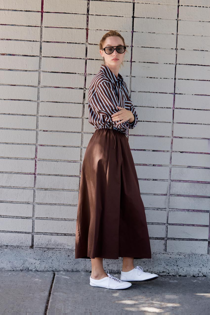 zara shirt dress brown COMBINED MIDI - Multicolored Length:Toddler/Sm. Child 42 Featuring dart detail at Blacksale Millie Bobby Brown wearing
