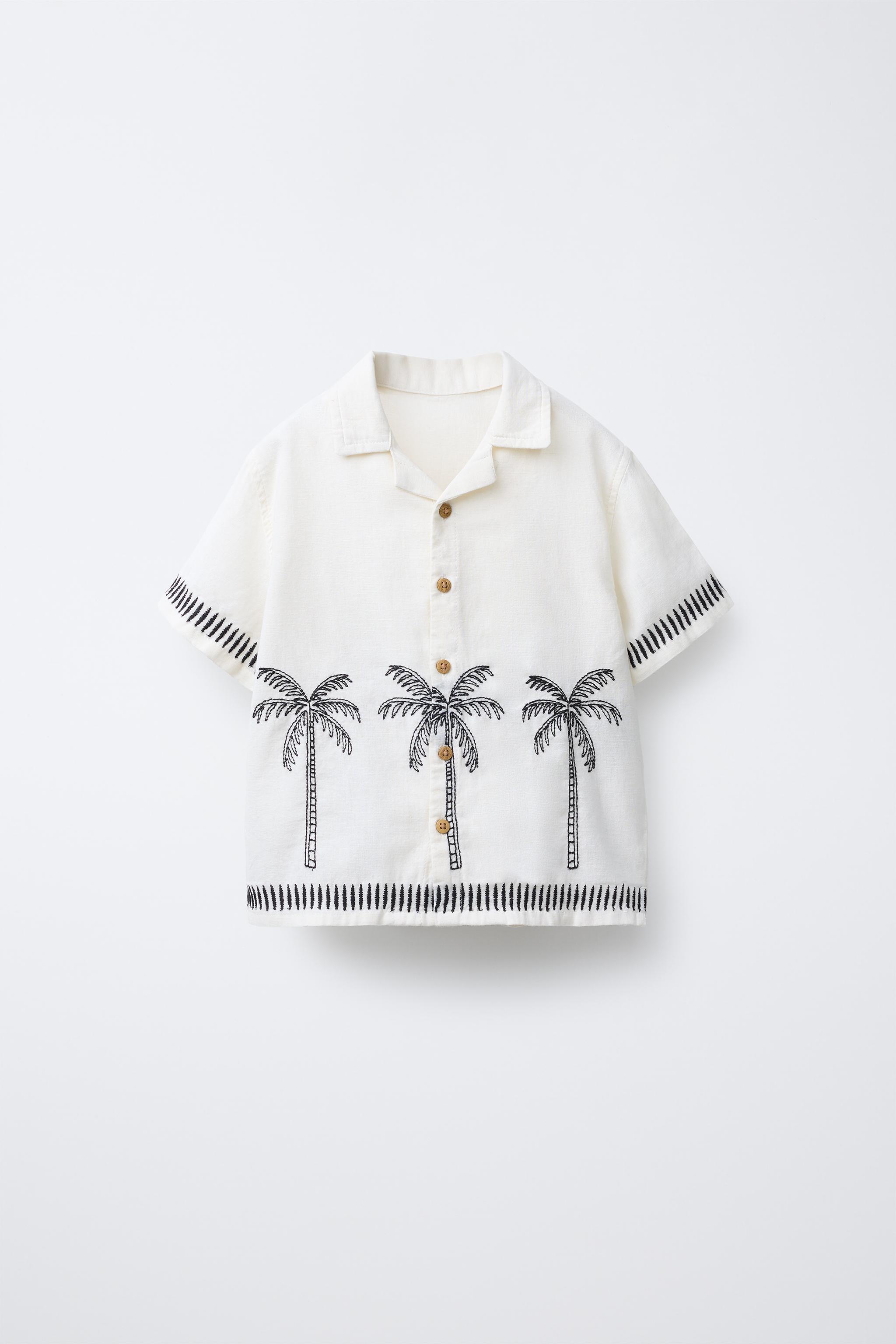 EMBROIDERED COTTON LINEN PALM TREE SHIRT - Ecru | ZARA