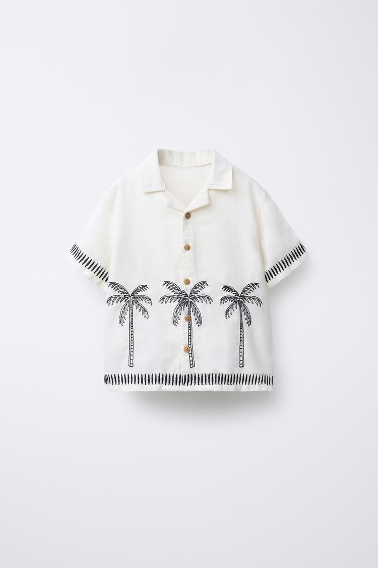 EMBROIDERED COTTON LINEN PALM TREE SHIRT