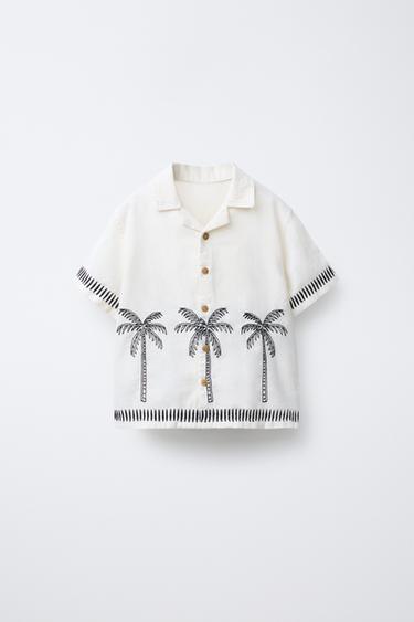 Zara EMBROIDERED COTTON LINEN PALM TREE SHIRT - Ecru - Image 0
