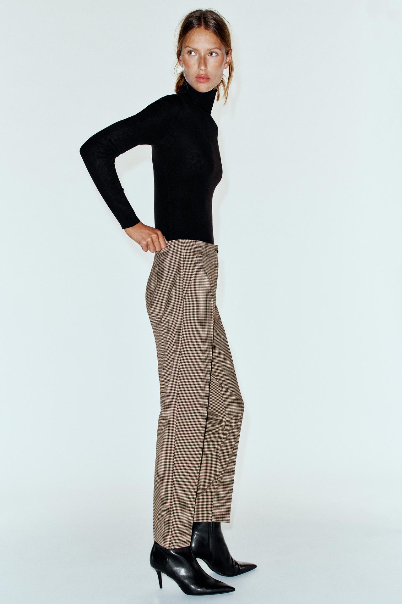 HIGH-WAISTED ANKLE-LENGTH PANTS — Brown / Ecru