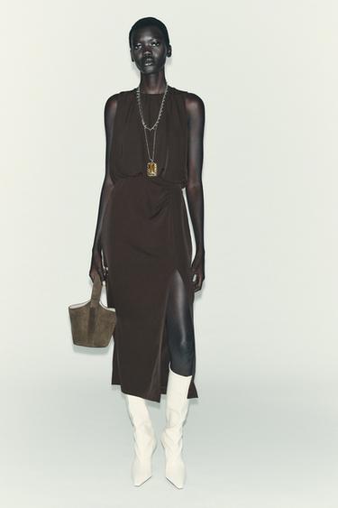 Zara 腰部縮褶設計中長版連身裙 - 棕色