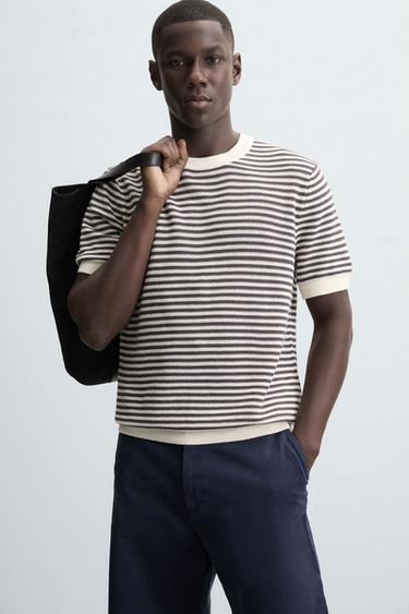 T-SHIRT EN MAILLE À DENTELLE RAYURES - Blanc / Gris de Zara - Image 5