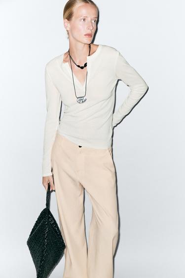 Zara 100% cotton V-neck T-shirt - Ecru
