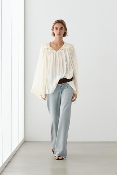 Zara Embroidered flowing blouse - Ecru - Image 0