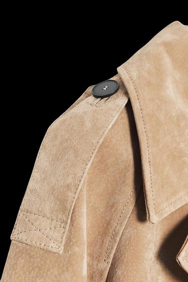 Zara 100% LEATHER SHORT TRENCH COAT - taupe brown