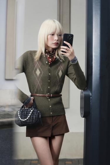 DIAMOND KNIT CARDIGAN WITH BELT - Dark khaki by Zara