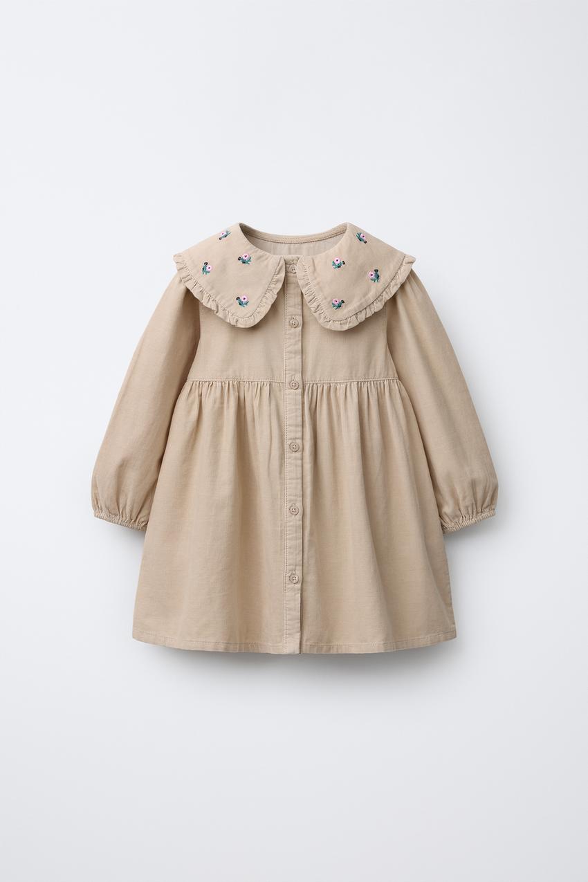 EMBROIDERED FLORAL CORDUROY DRESS