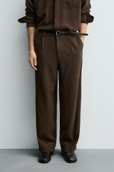 Zara FLOWY RELAXED FIT PANTS - Brown