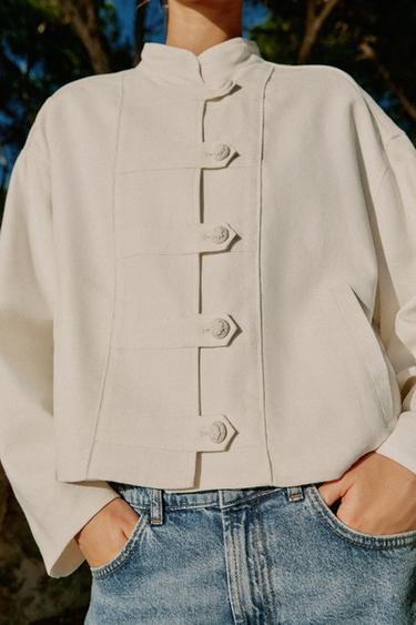 LINEN BLEND JACKET WITH FROG FASTENING - Ecru by Zara - Image 5