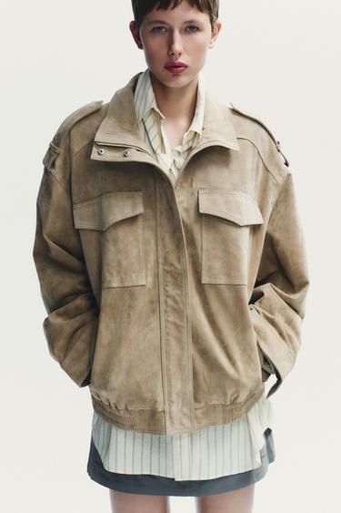 VESTE EN CUIR DAIM - Marron / Taupe de Zara - Image 2
