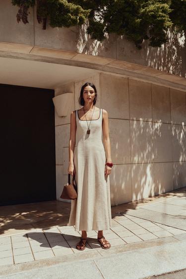 CONTRAST LINEN BLEND MIDI DRESS - Light beige by Zara - Image 0