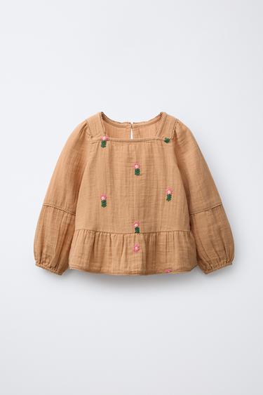 Zara 花朵刺繡紋理罩衫 - 棕色