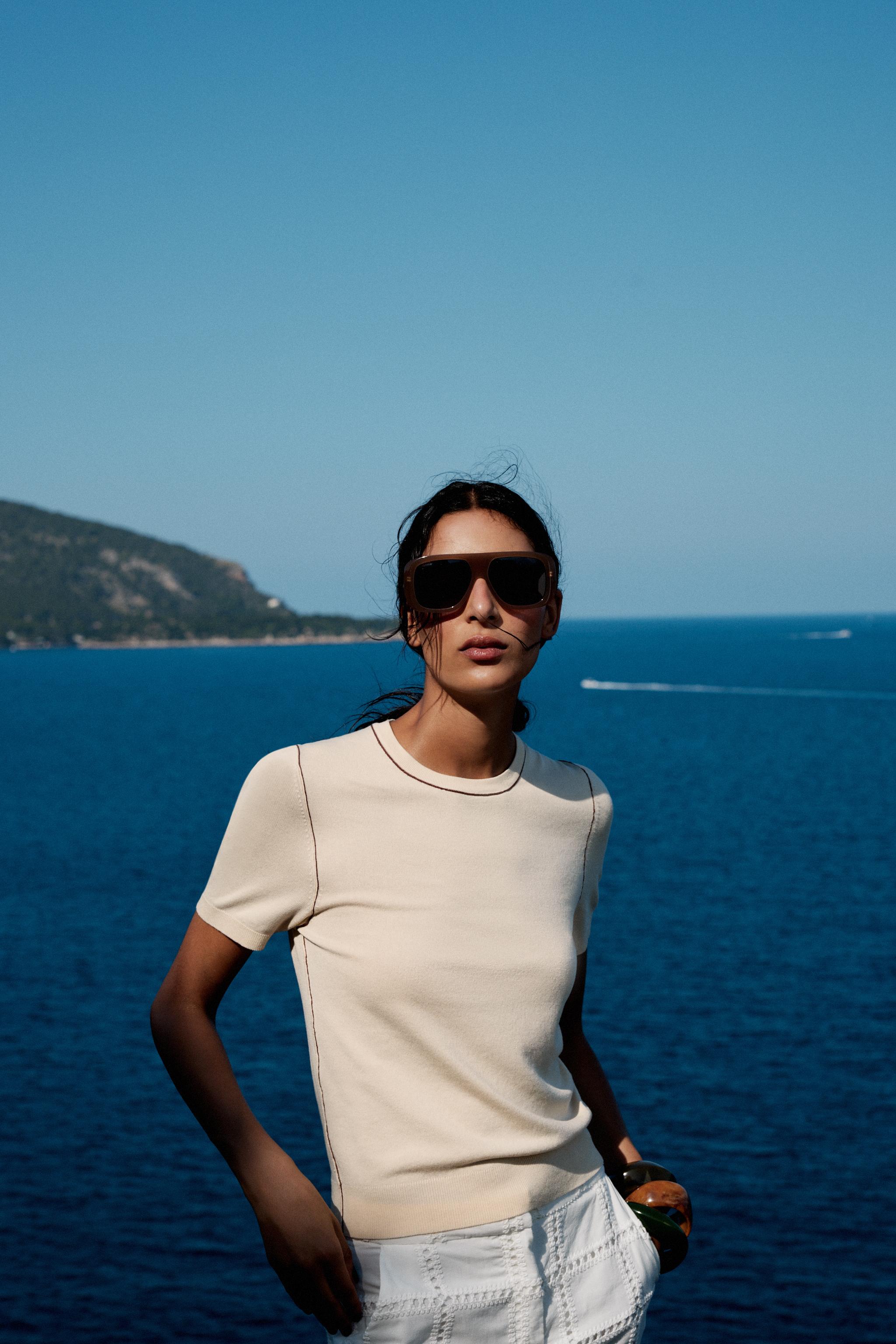 TRIMMED SHORT SLEEVE KNIT TOP - Navy / White | ZARA United