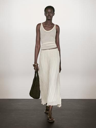 Jupe midi ample plissée - Beige clair de Zara