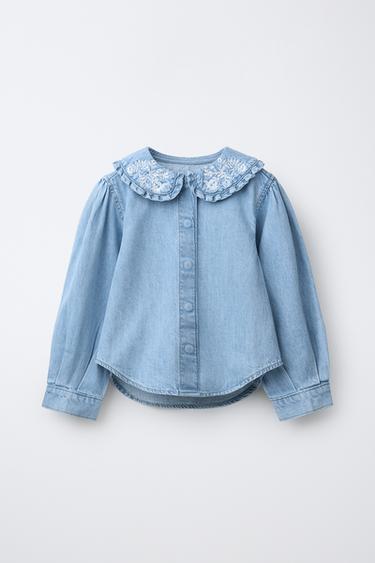 CAMISA DENIM CUELLO FLORES BORDADAS - Azul de Zara