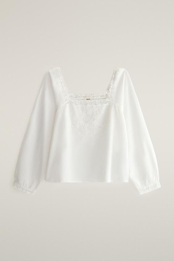 Zara LACE EMBROIDERED LONG SLEEVE TOP - Oyster-white - Image 0