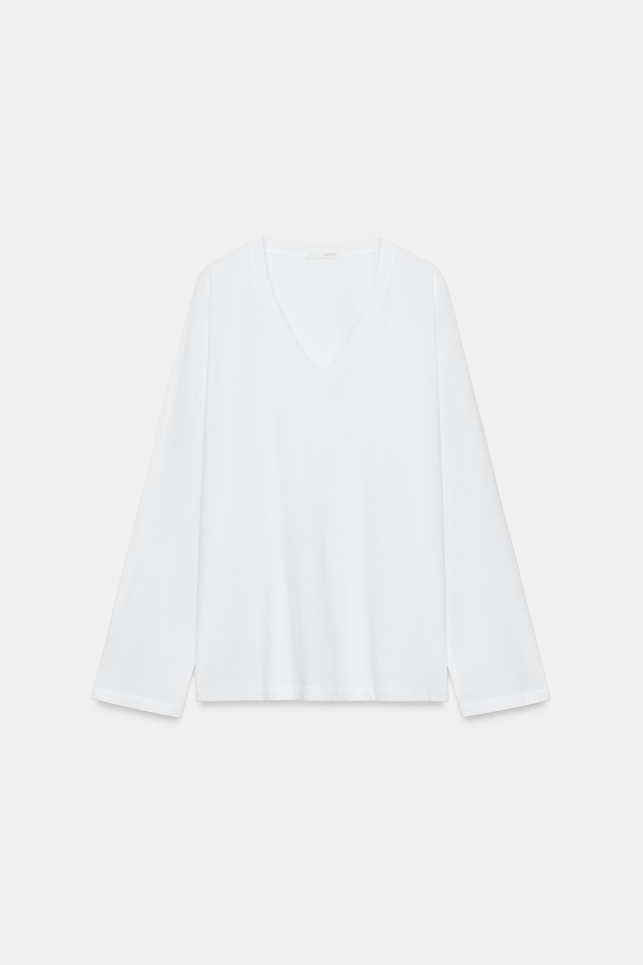 Zara PAMUKLU V YAKA T-SHIRT görsel 6
