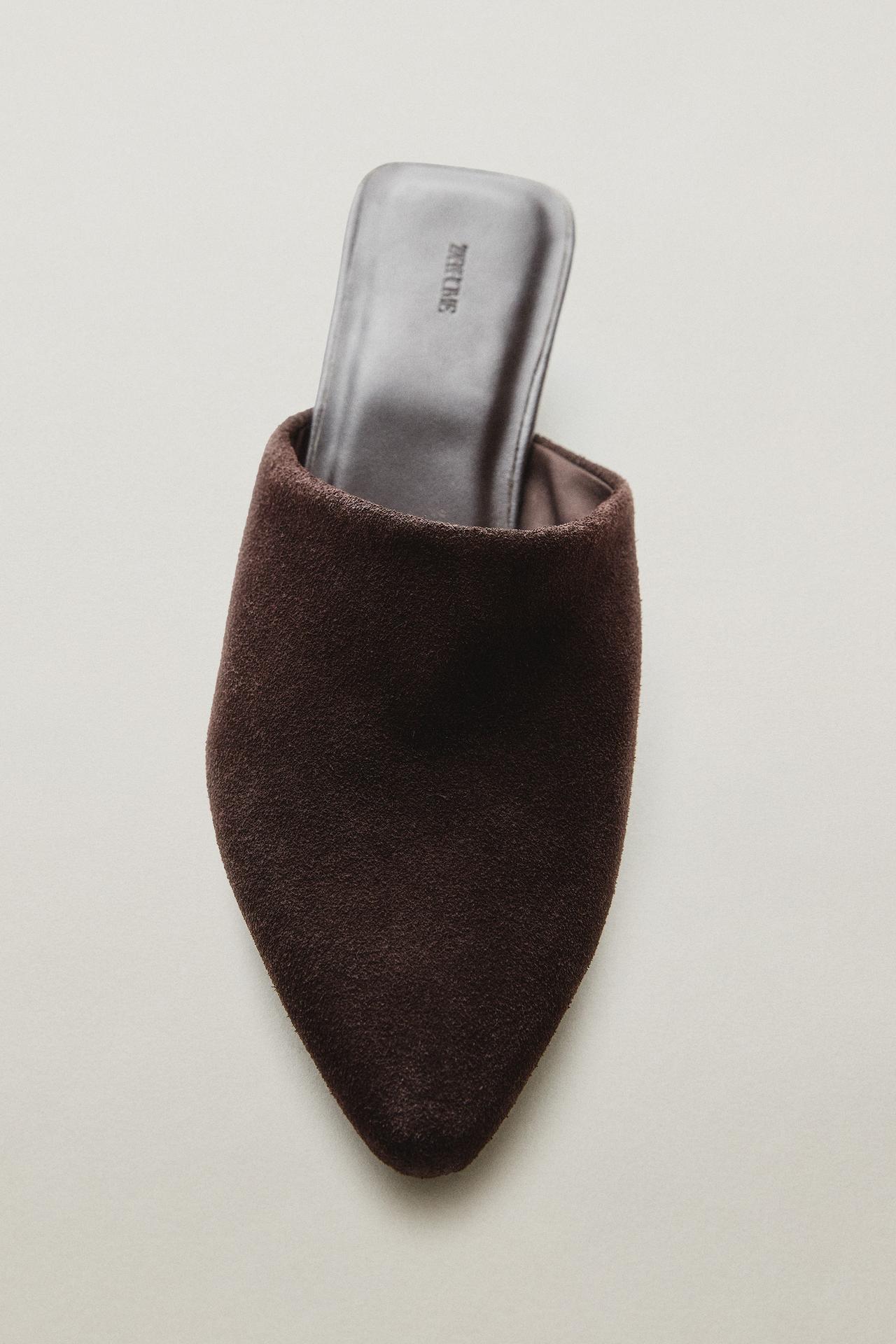 SPLIT LEATHER WEDGE MULES — Brown
