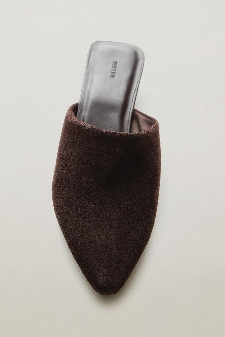 SPLIT LEATHER WEDGE MULES — Brown