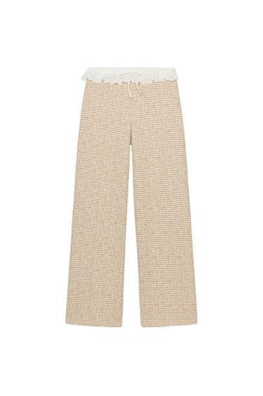 Zara TEXTURED RUFFLE PANTS - Ecru / Brown