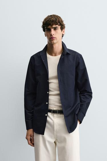 CAMISA ESTRUCTURA ALGODÓN - LINO - Marino de Zara