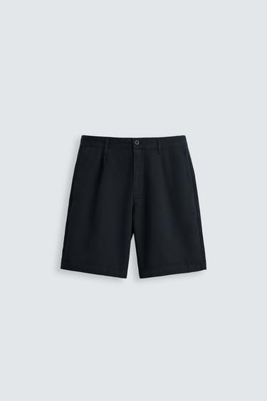 Zara PLEATED REGULAR FIT BERMUDA SHORTS - Navy blue