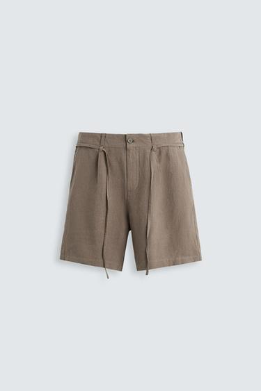Zara 100% LINEN BERMUDA SHORTS WITH BELT - Brown / Taupe