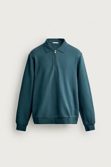 Zara ZIP-UP INTERLOCK POLO SWEATSHIRT - Petrol blue