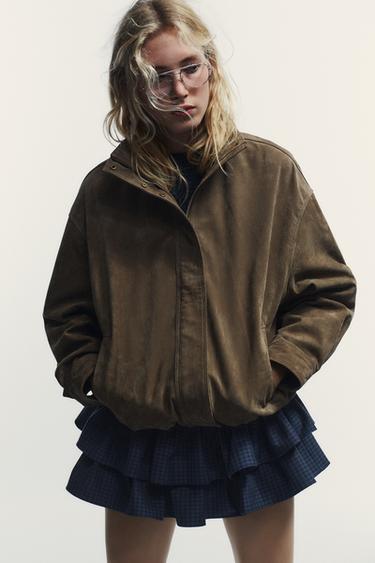 Zara 100% SUEDE VOLUME JACKET - Light khaki