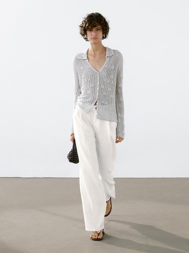 Zara Cutwork cardigan with polo collar - Stone