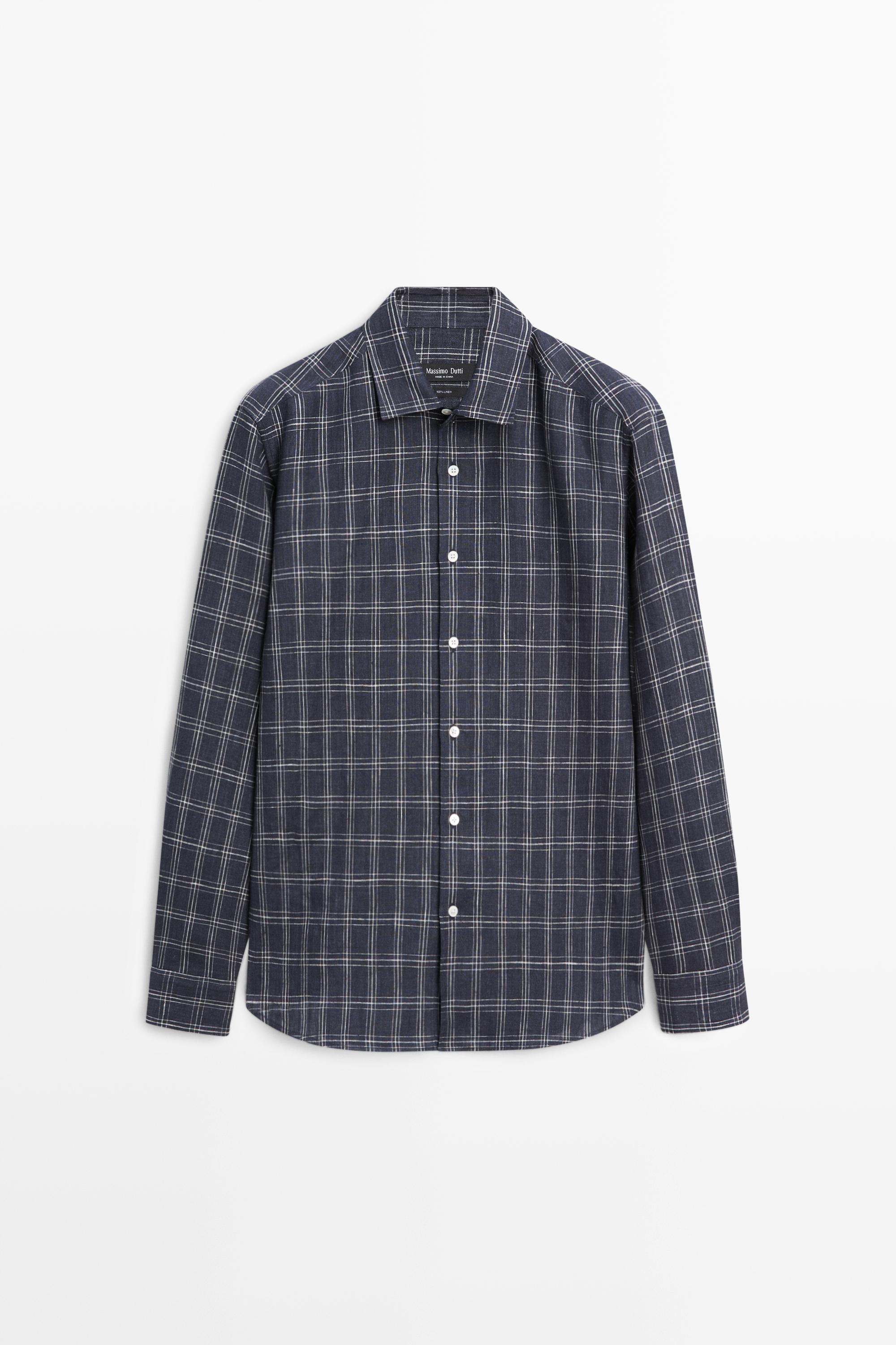 100% linen regular fit check shirt — Blue