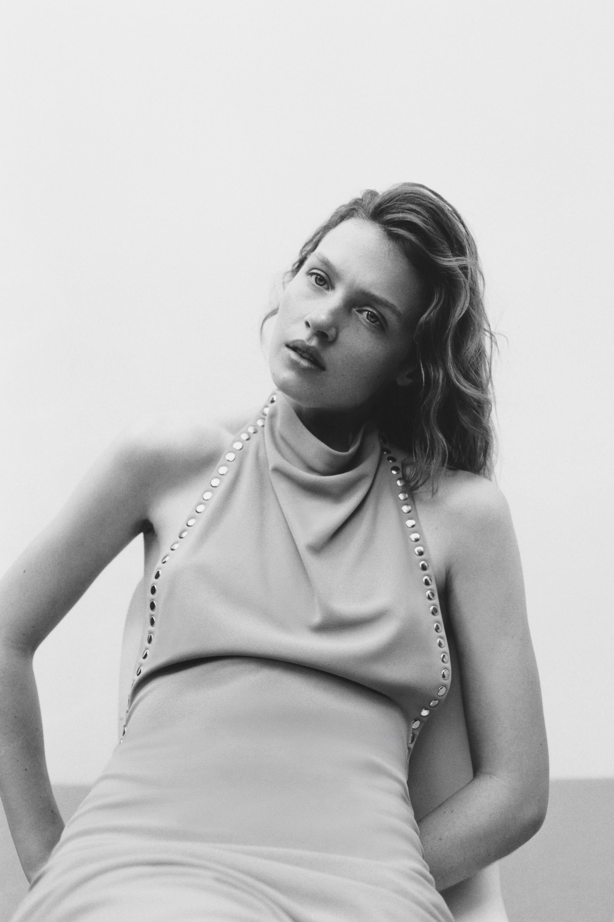 STUDDED HALTER DRESS - Gray green | ZARA United States