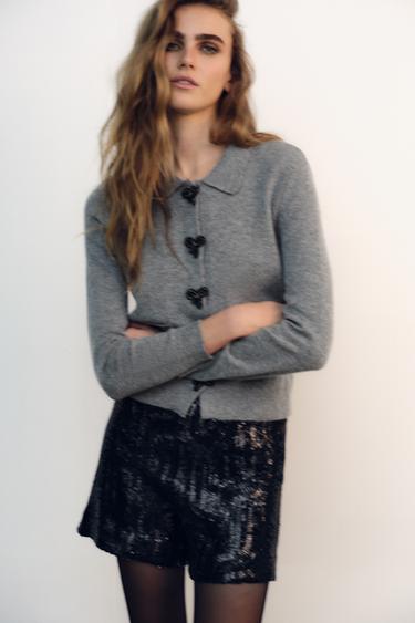 Zara BOW-SHAPED BUTTON KNIT CARDIGAN - Gray