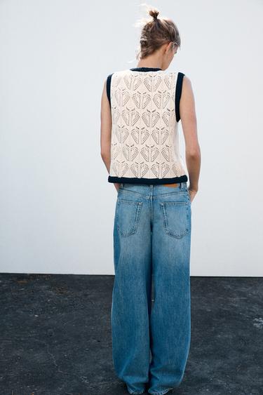 TOP GILET EN MAILLE POINTELLE - Écru / Bleu marine de Zara - Image 3