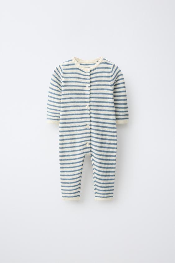 Zara STRIPED KNIT JUMPSUIT - Ecru / Blue - Image 0