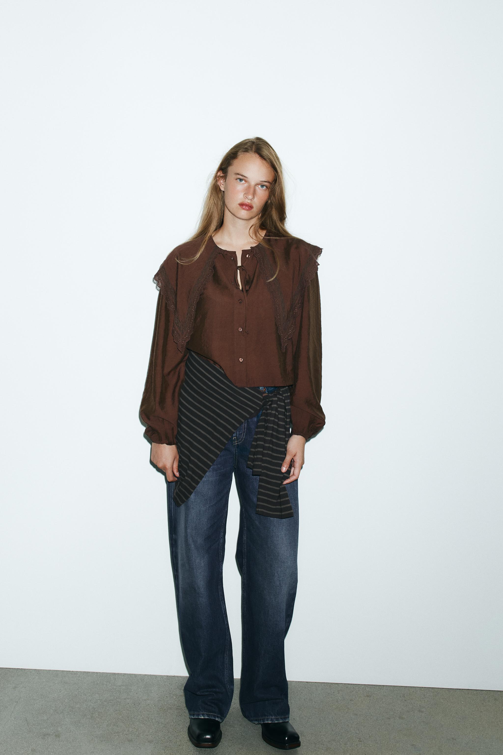 フルイドシャツ ピーターパンカラー - ダークブラウン | ZARA フルイドシャツ ピーターパンカラー - ダークブラウン | ZARA