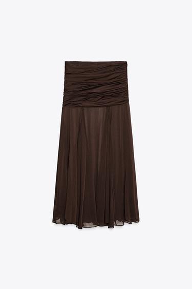 ZW COLLECTION SEMI-SHEER DRAPED SKIRT - Dark brown by Zara - Image 3
