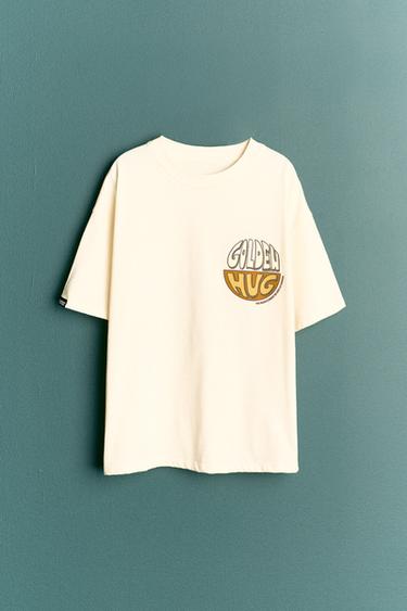 Zara RAISED TEXT T-SHIRT - Ecru