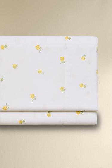 LENÇOL DE CIMA DE ALGODÃO COM ESTAMPADO MIMOSA - Branco-marfim da Zara