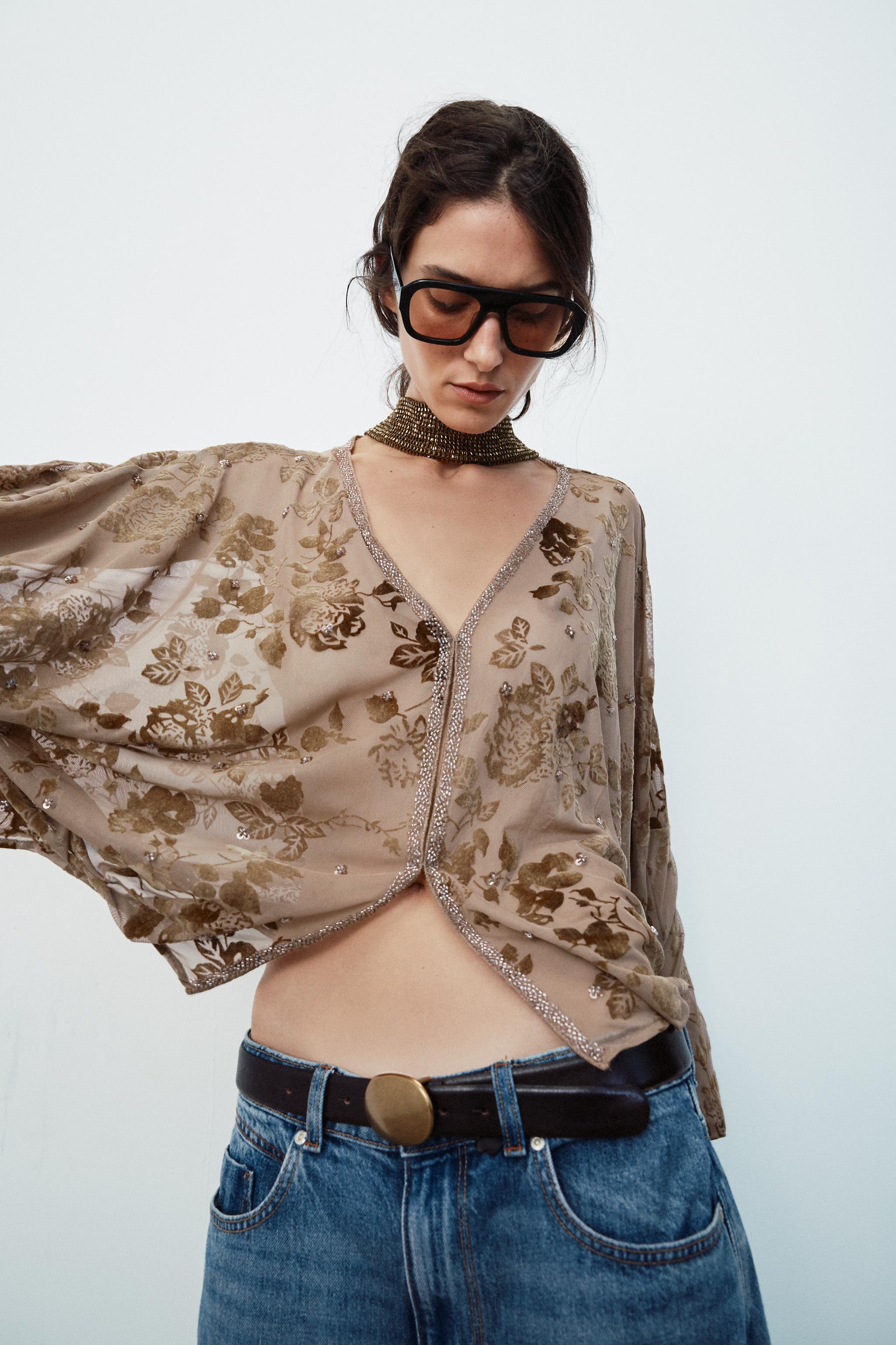 FLOCKED EMBROIDERED BLOUSE