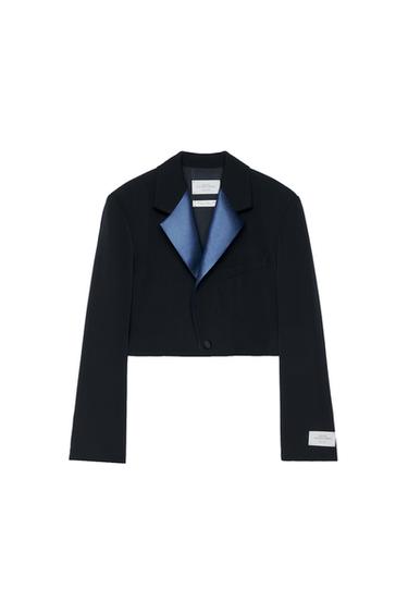 Zara 100% WOOL CROPPED TUXEDO BLAZER - Black