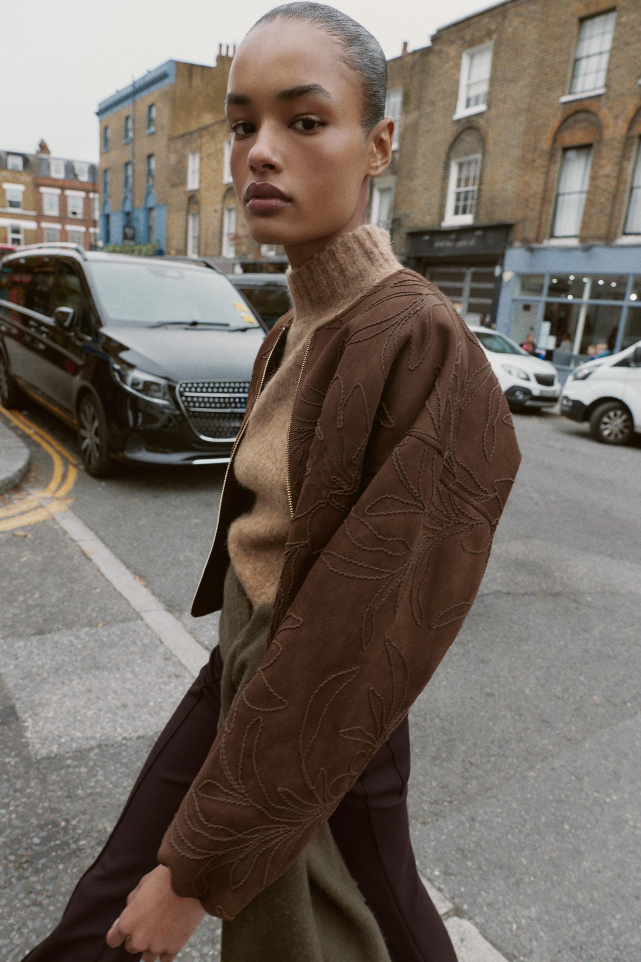 EMBROIDERED FAUX SUEDE BOMBER JACKET