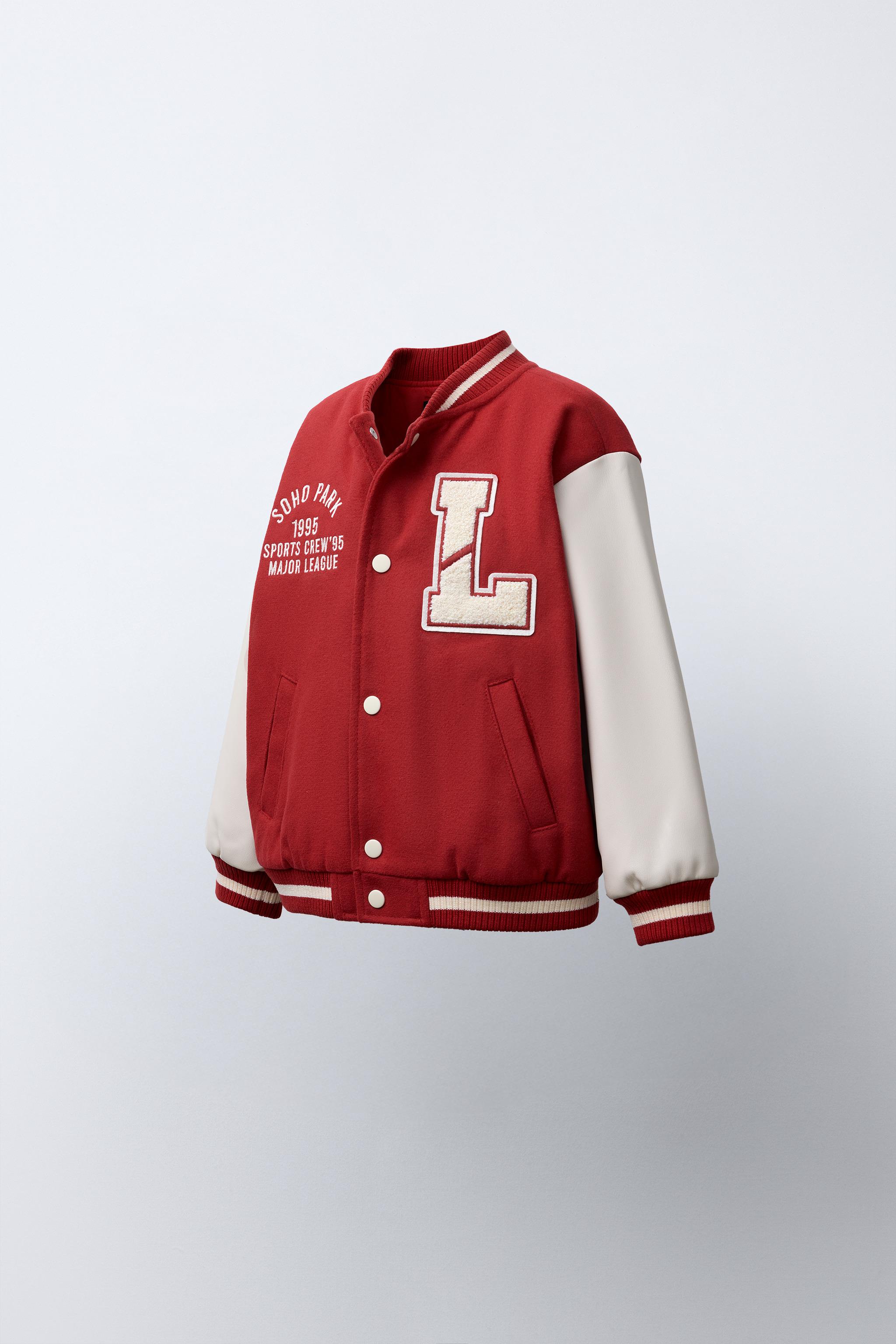 CLOTH BOMBER JACKET WITH FAUX LEATHER SLEEVES AND PATCHES