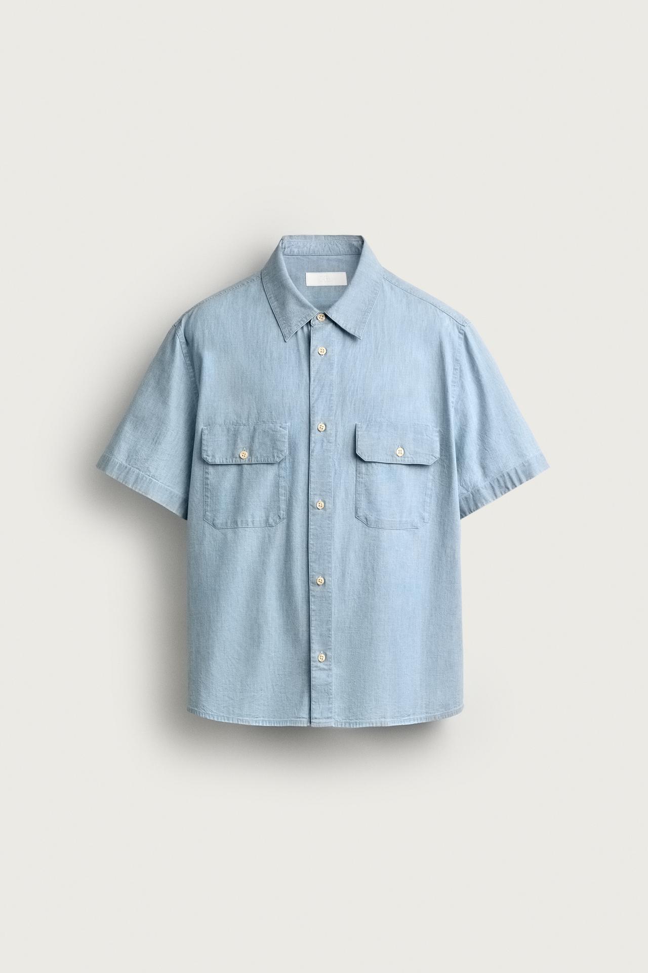 CHAMBRAY POCKET SHIRT — Light blue